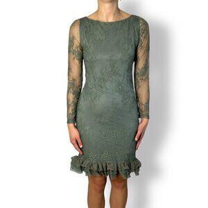 Lace Overlay Knee Length Dress Sheer Long Sleeves Form Fitting Ruffle Sz S Green